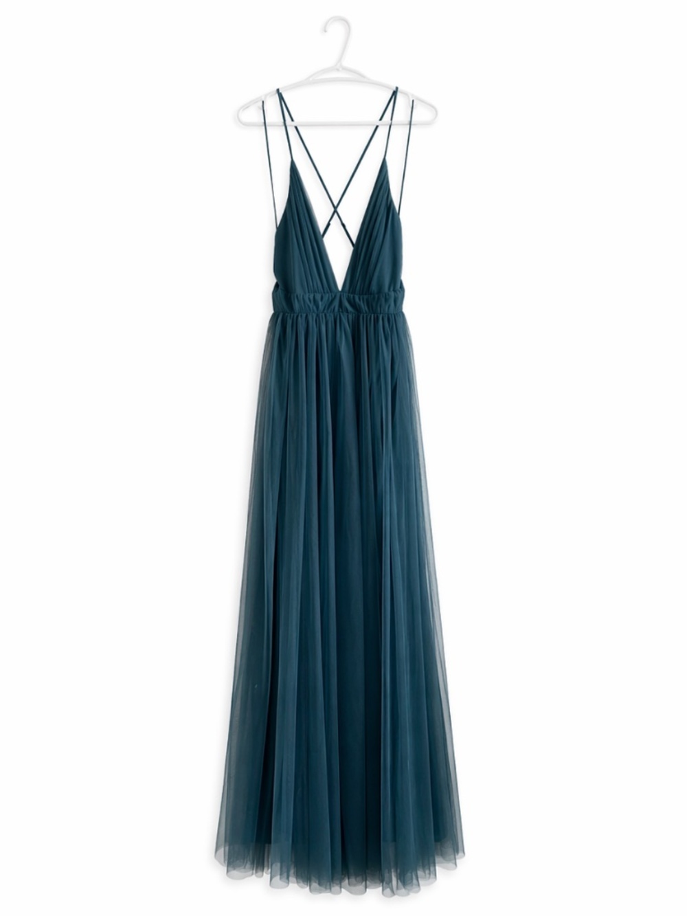 Luxxel Deep Teal Tulle Backless Gown with Crisscross Straps – Size Large EUC